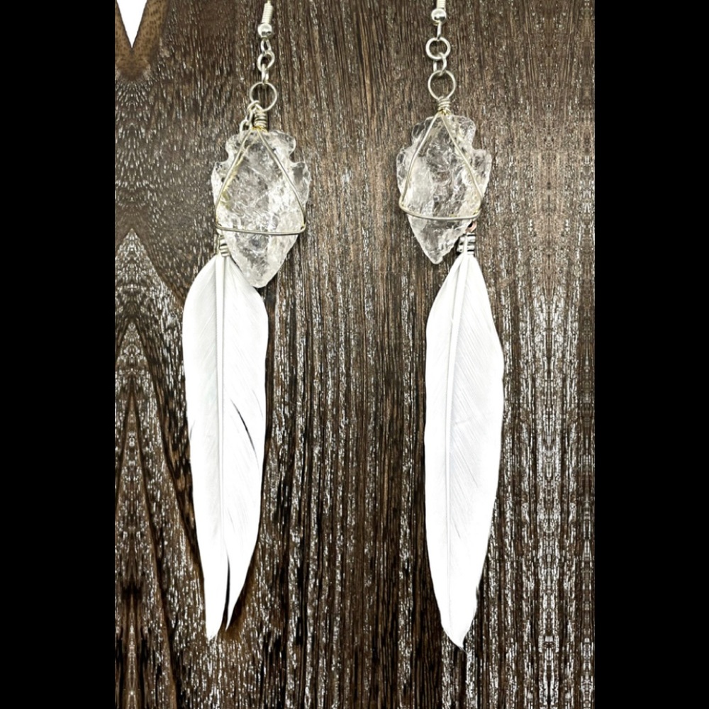 Handmade Clear Quartz Crystal Feather Earrings
